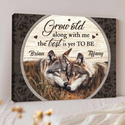 Grow Old Along With Me - Rustic Wolf Couple Personalized Anniversary Canvas Wall Art