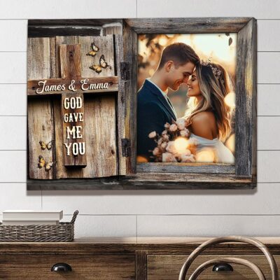 God Gave Me You - Personalized Rustic Wedding Gift Cross Design Canvas Wall Art