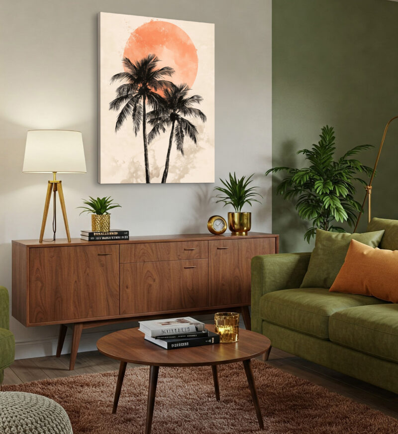 Palm Trees Sunset Boho Wall Art – Minimalist Coastal Canvas Print