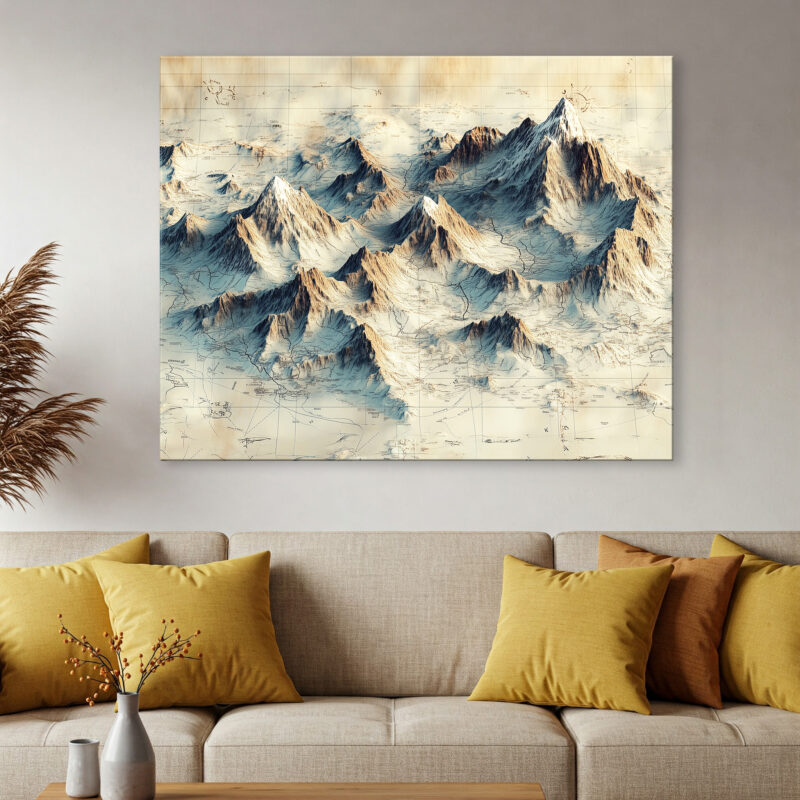Antique Map Style Mountain Range Illustration Canvas Wall Art