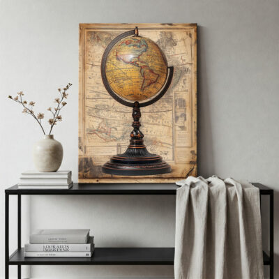 Antique Globe With Map Background Vintage Wall Art
