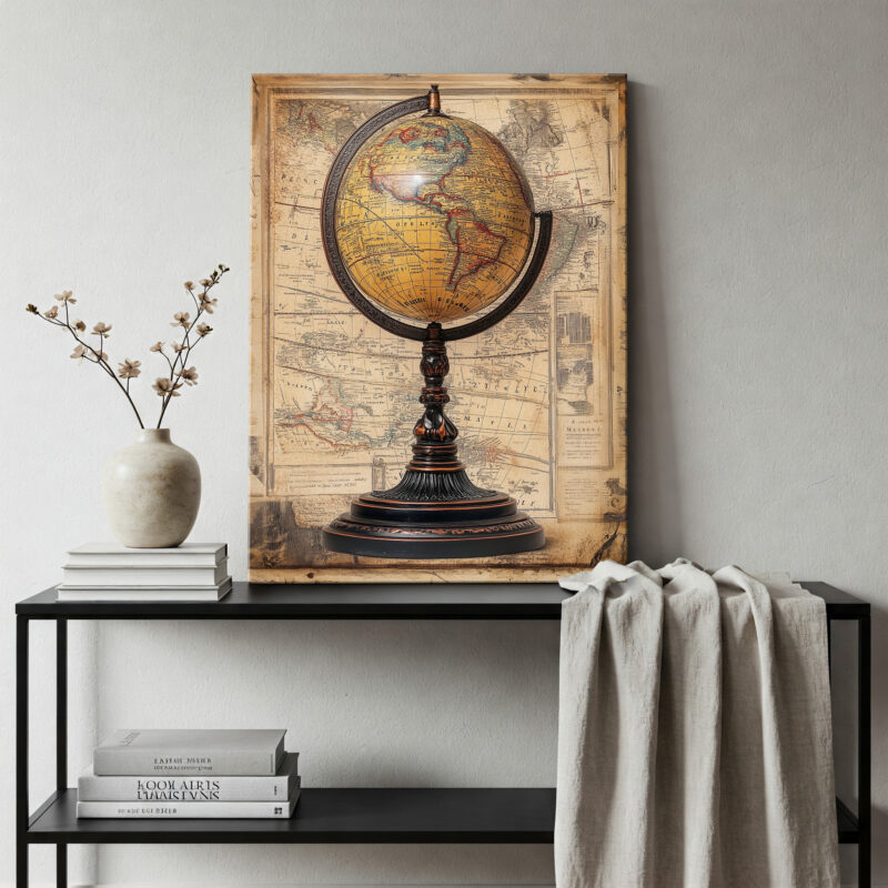 Antique Globe With Map Background Vintage Wall Art