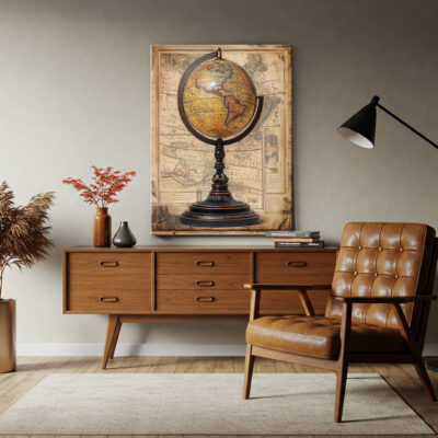 Antique Globe With Map Background Vintage Wall Art