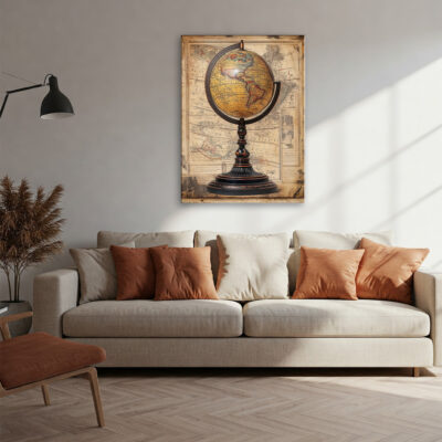 Antique Globe With Map Background Vintage Wall Art