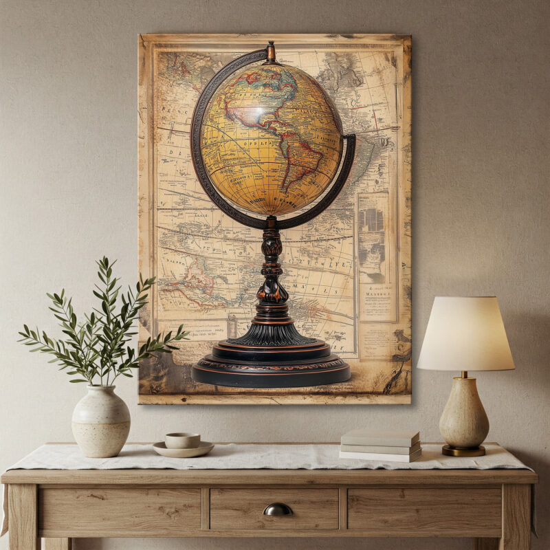 Antique Globe With Map Background Vintage Wall Art