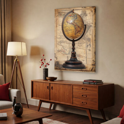 Antique Globe With Map Background Vintage Wall Art