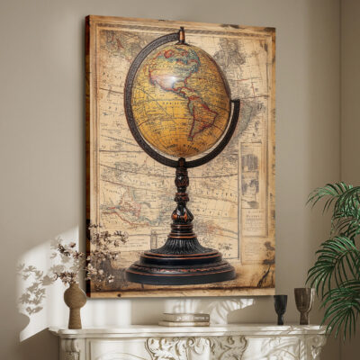 Antique Globe With Map Background Vintage Wall Art