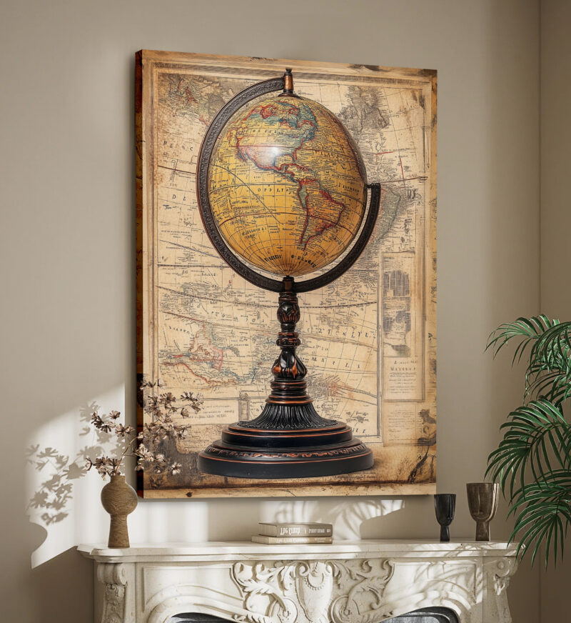 Antique Globe With Map Background Vintage Wall Art