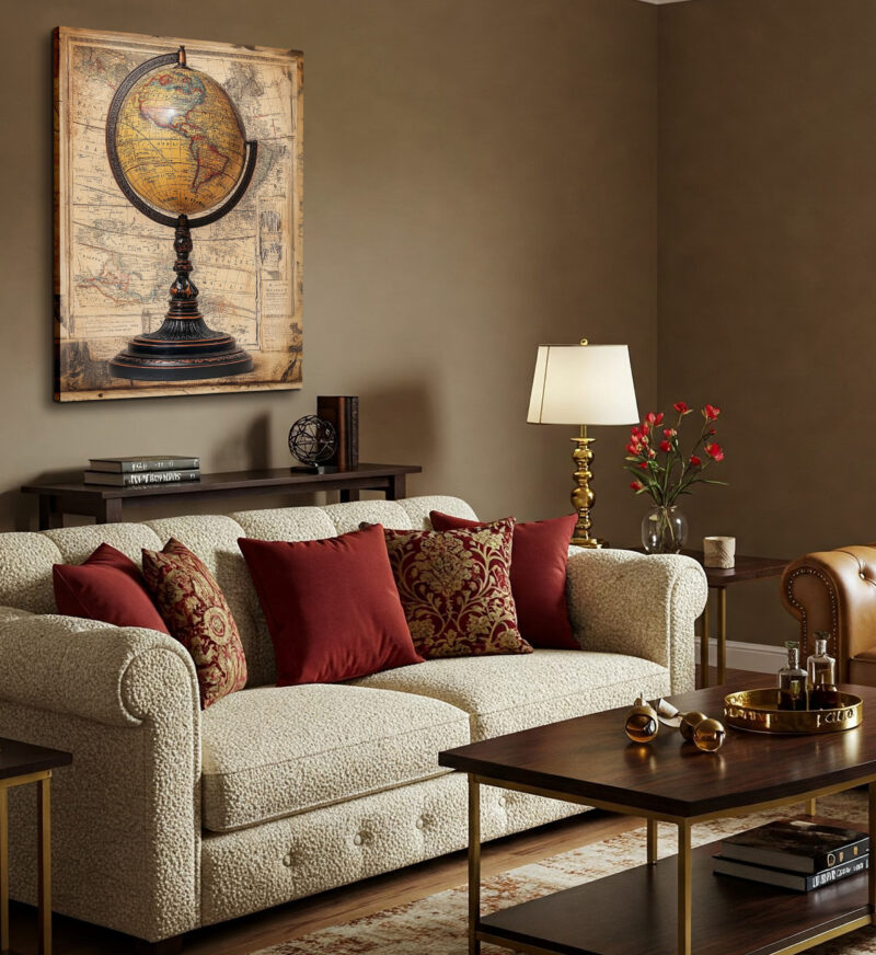 Antique Globe With Map Background Vintage Wall Art