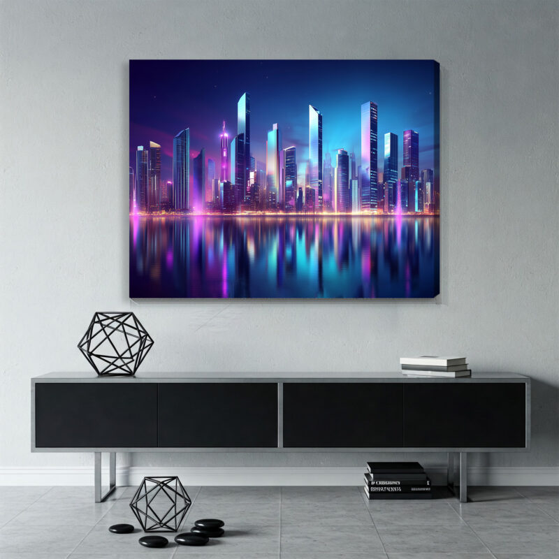 Futuristic Neon Cityscape With Sci-Fi Skyline Modern Canvas Print
