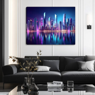 Futuristic Neon Cityscape With Sci-Fi Skyline Modern Canvas Print