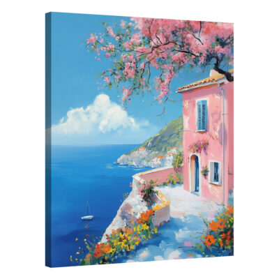Blush Escape – Mediterranean Art Sea Cliffside Canvas