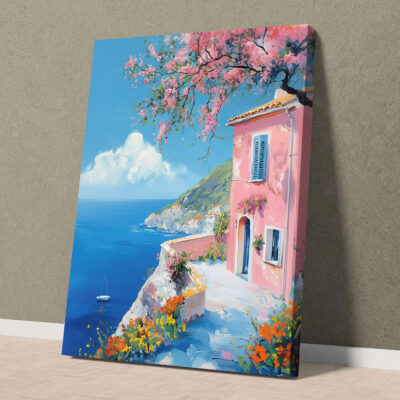 Blush Escape – Mediterranean Art Sea Cliffside Canvas