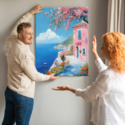 Blush Escape – Mediterranean Art Sea Cliffside Canvas