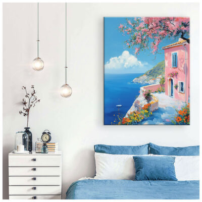 Blush Escape – Mediterranean Art Sea Cliffside Canvas