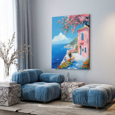 Blush Escape – Mediterranean Art Sea Cliffside Canvas