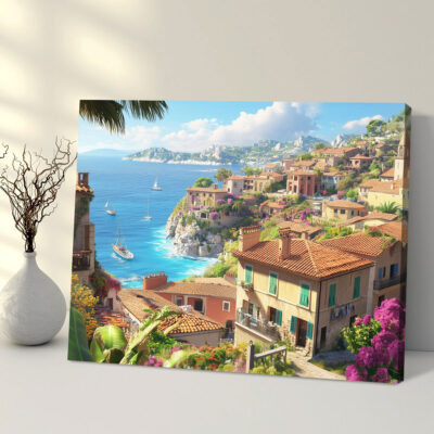 Mediterranean Art - Coastal Village Canvas Nature Artwork