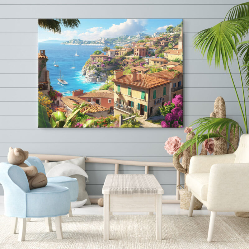 Mediterranean Art - Coastal Village Canvas Nature Artwork