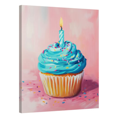 Blue Pop Art Cupcake Against Pink Background Wall Art Print