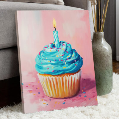 Blue Pop Art Cupcake Against Pink Background Wall Art Print