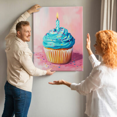 Blue Pop Art Cupcake Against Pink Background Wall Art Print