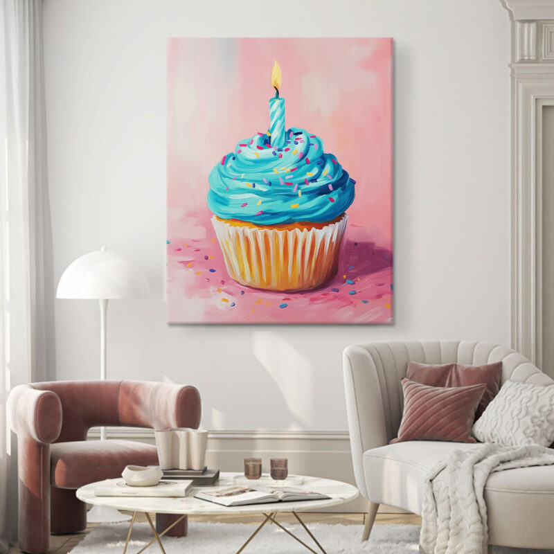 Blue Pop Art Cupcake Against Pink Background Wall Art Print