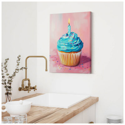 Blue Pop Art Cupcake Against Pink Background Wall Art Print