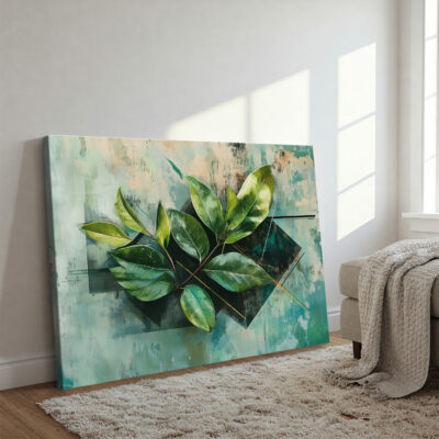 Abstract Green Leaves and Geometric Canvas Wall Art