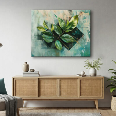 Abstract Green Leaves And Geometric Canvas Wall Art