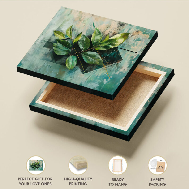Abstract Green Leaves And Geometric Canvas Wall Art