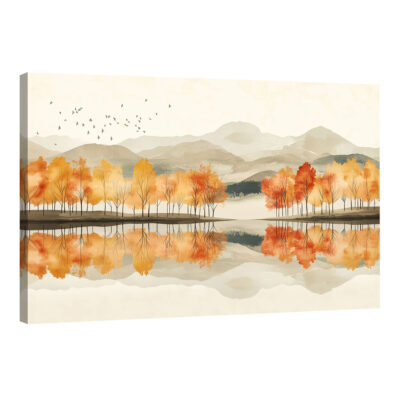 Lakeside Nature Artwork - Autumnal Scene Beige Wall Art