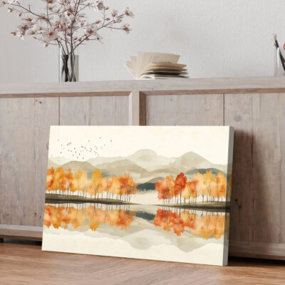Lakeside Nature Artwork - Autumnal Scene Beige Wall Art