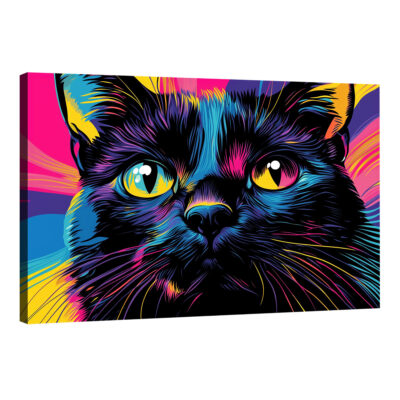 Neon Feline Gaze - Black Cat Pop Art Portrait Canvas Art