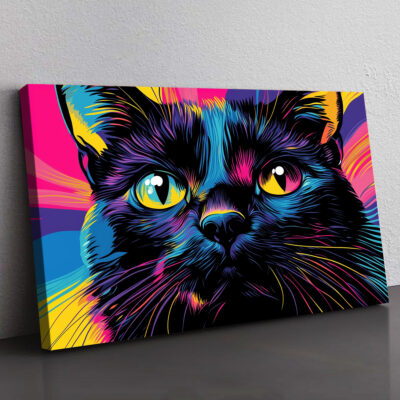 Neon Feline Gaze - Black Cat Pop Art Portrait Canvas Art