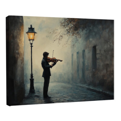 Elegant oil painting of violinist in golden evening light