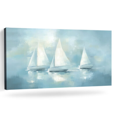 White Sailboats on Blue Sea Canvas Neutral Beach Wall Art