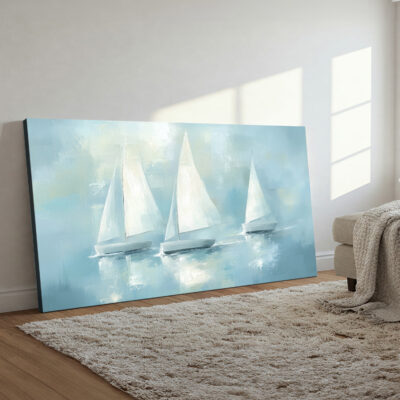 White Sailboats on Blue Sea Canvas Neutral Beach Wall Art