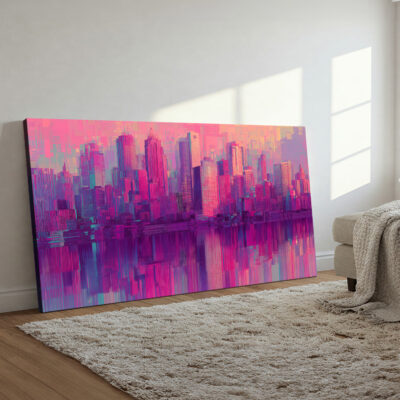 Pink and Purple Urban Skyline Large Canvas Wall Art