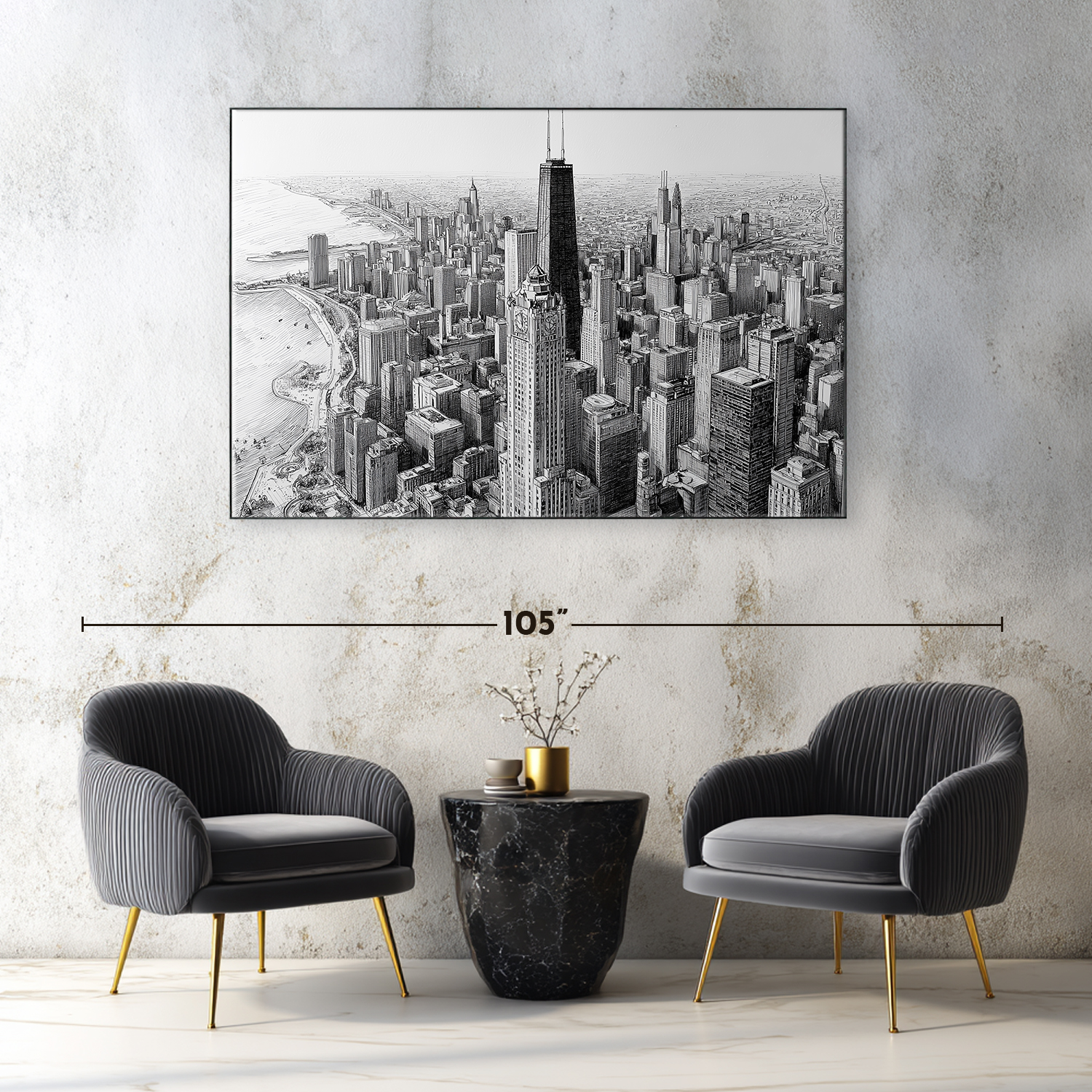 絵画 SKOLOCT/CANVAS/ART/4 Chicago Skyline Sketch - Black and White Large Canvas Print