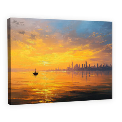 Distant Skyline Glowing Over Golden Ocean at Sunset