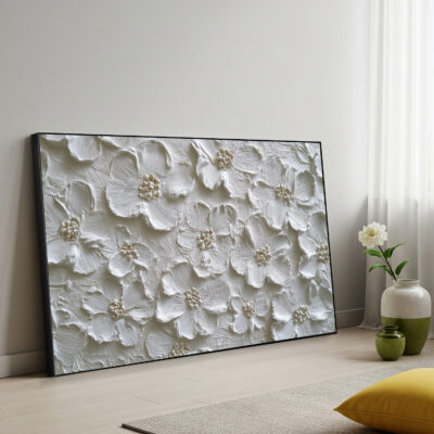 Pure White Textured Abstract Floral Canvas Large Wall Art