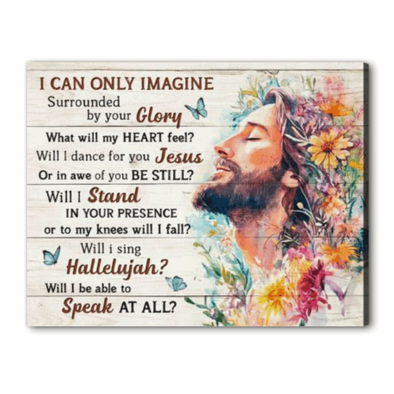 Watercolor painting of Jesus profile with flowers and butterflies, overlaid with I Can Only Imagine song lyrics on rustic wood background.