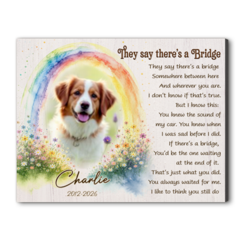 Personalized dog memorial canvas with custom photo and Rainbow Bridge design