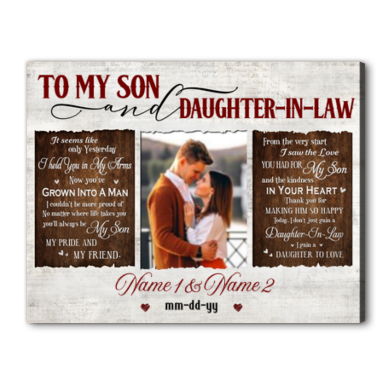 Son and daughter-in-law wedding gift personalized with photo names and date