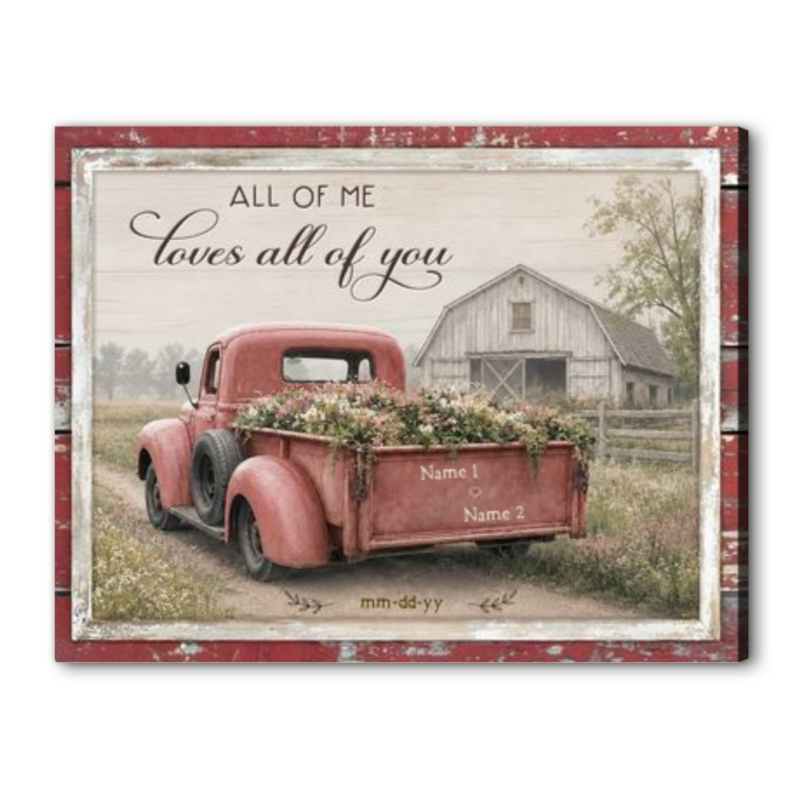 Personalized wedding canvas with couple names and date featuring a vintage red pickup truck, flowers and rustic farmhouse barn