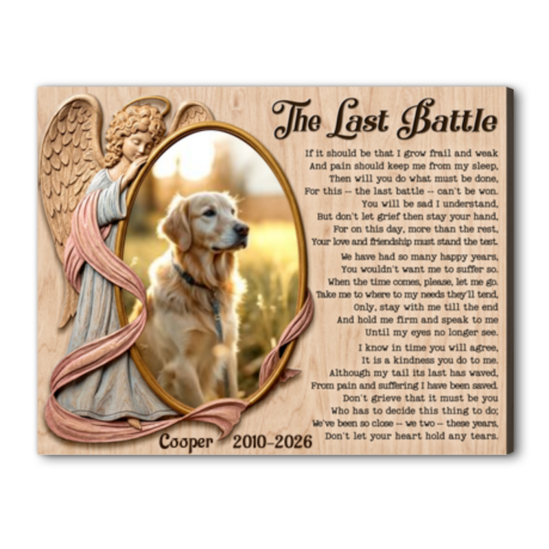 Personalized dog memorial with custom pet photo, name and memorial dates featuring The Last Battle poem and angel design