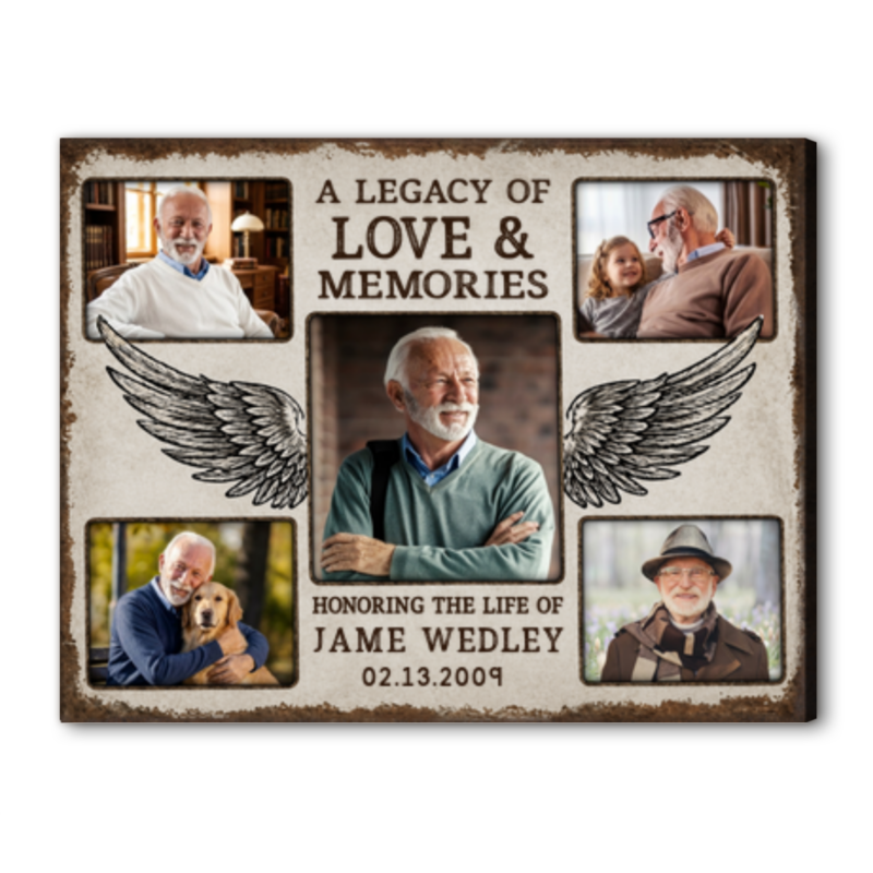 Personalized memorial canvas print with five custom photos angel wings name and memorial date