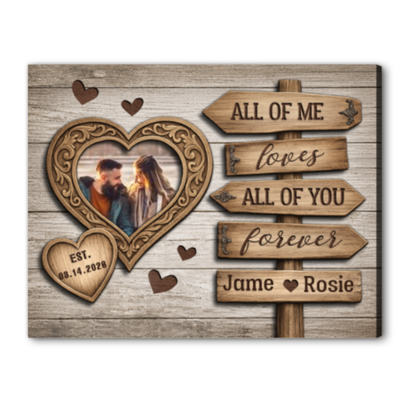 Personalized couple canvas print with custom photo names anniversary date and rustic heart frame