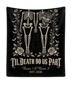 Til Death Do Us Part skeleton couple blanket personalized with custom names and wedding year, gothic skeleton bride and groom holding hands surrounded by roses and bats on black background