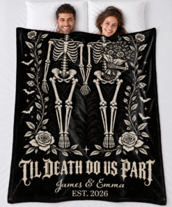 Til Death Do Us Part skeleton couple blanket personalized with custom names and wedding year, gothic skeleton bride and groom holding hands surrounded by roses and bats on black background